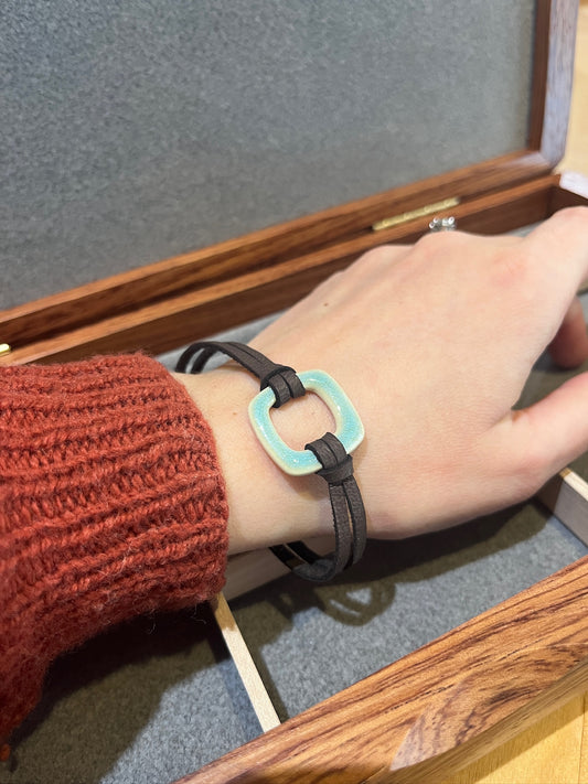 B21 Small Square Ceramic and Leather Bracelet by Kim Krumrey