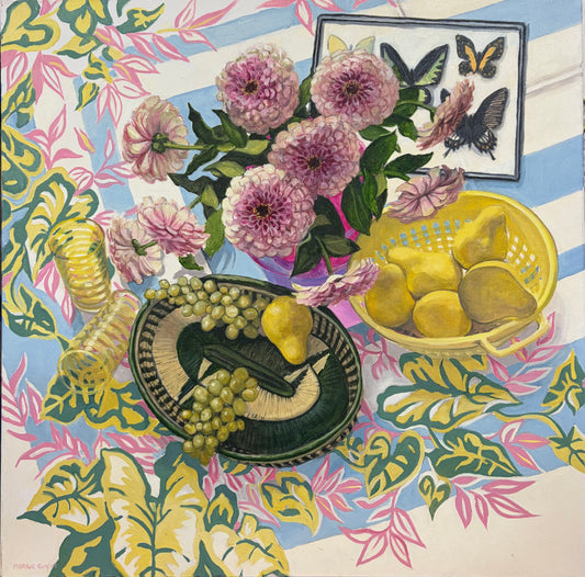 Zinnias, Grapes, and Pears by Margie Guyot